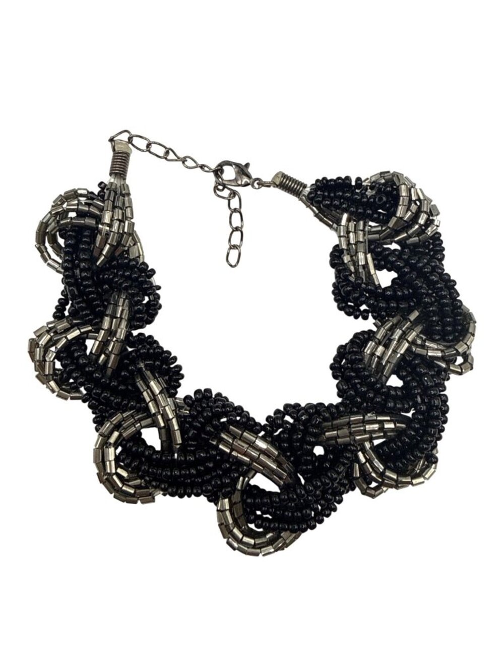 Beaded Black & Silver Woven Statement Bracelet Adjustable Lobster Clasp Closure